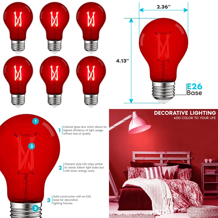 Lighting Decoration Outdoor - A19 エジソンLED電球、4.5W 60W相当、カラーガラスフィラメント、UL規格適合、E26標準口金、屋内屋外兼用、ポーチ、装飾用