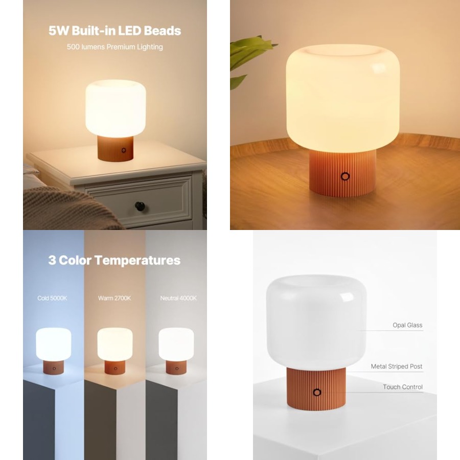 Mushroom Table Lamp - ハローマッシュルームランプ、5Wキュートなコードレス充電式テーブルランプ、ガラスシェード付き、3色調光可能な小型レトロタッチベッドサイドランプ
