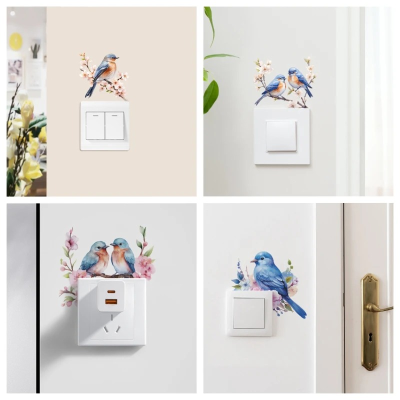 Lighting Decoration On Wall - 桜の枝に止まった鳥のライトスイッチステッカー、取り外し可能なPVCウォールデカール、家のコンセント装飾用の花柄の鳥アート壁画