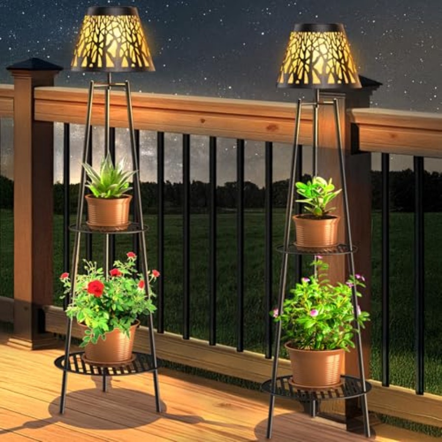 Lighting Decoration Outdoor - 2パック屋外ソーラーフロアランプ、植物スタンド付き、防水メタルガーデンライト、2段棚付き、装飾LEDコードレスパット
