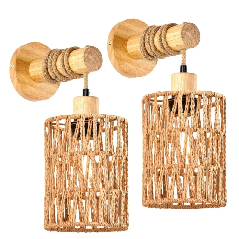Lighting Decoration On Wall - 麻ロープデザインベッドヘッドウォールランプ円筒形ウォールライト寝室用農家田舎装飾照明ランプシェード