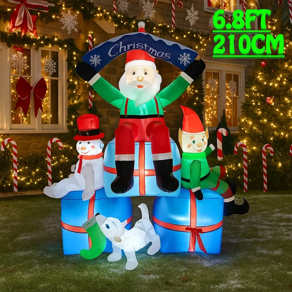 Santa'S Elves Holiday Lighting & Decor Llc - 2.1M/6.8FT サンタ雪だるまエルフ犬インフレータブルモデルクリスマスLEDライト付きホリデー屋外装飾ホームヤードホリデーパーティーおもちゃ