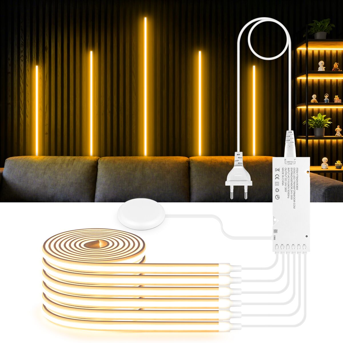 Lighting Decoration On Wall - 埋め込み式音響壁パネル装飾 自己粘着ネオンCOB LEDライトテープキット 木目調グリルカーテンウォールランプ タッチ調光器