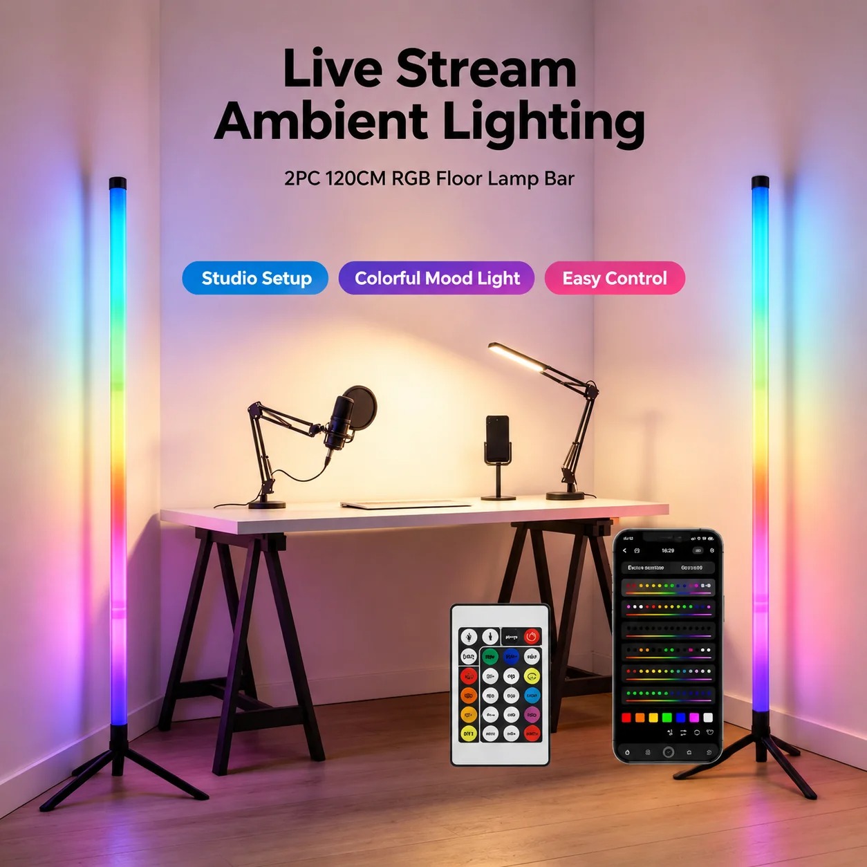 2パックRGB LEDコーナーフロアランプ、120CMサウン - Decor Lighting Floor Lamps のレビューと価格