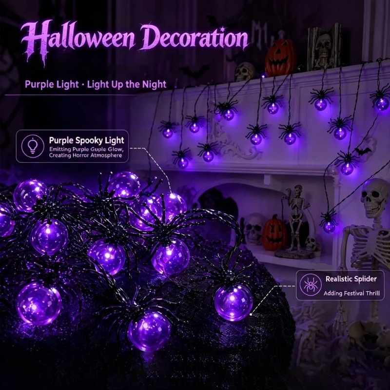 電池式スパイダーLEDストリングライト、ハロウィン屋外装飾、 - Lighting Decoration Outdoor のレビューと価格