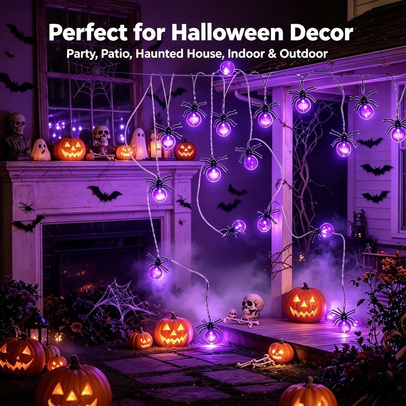 電池式スパイダーLEDストリングライト、ハロウィン屋外装飾、 - Lighting Decoration Outdoor のレビューと価格