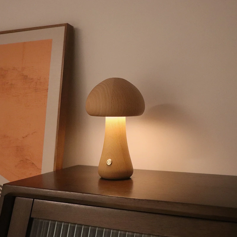 かわいいキノコ LED ナイトライト木製ベッドサイドテーブル - Mushroom Table Lamp のレビューと価格