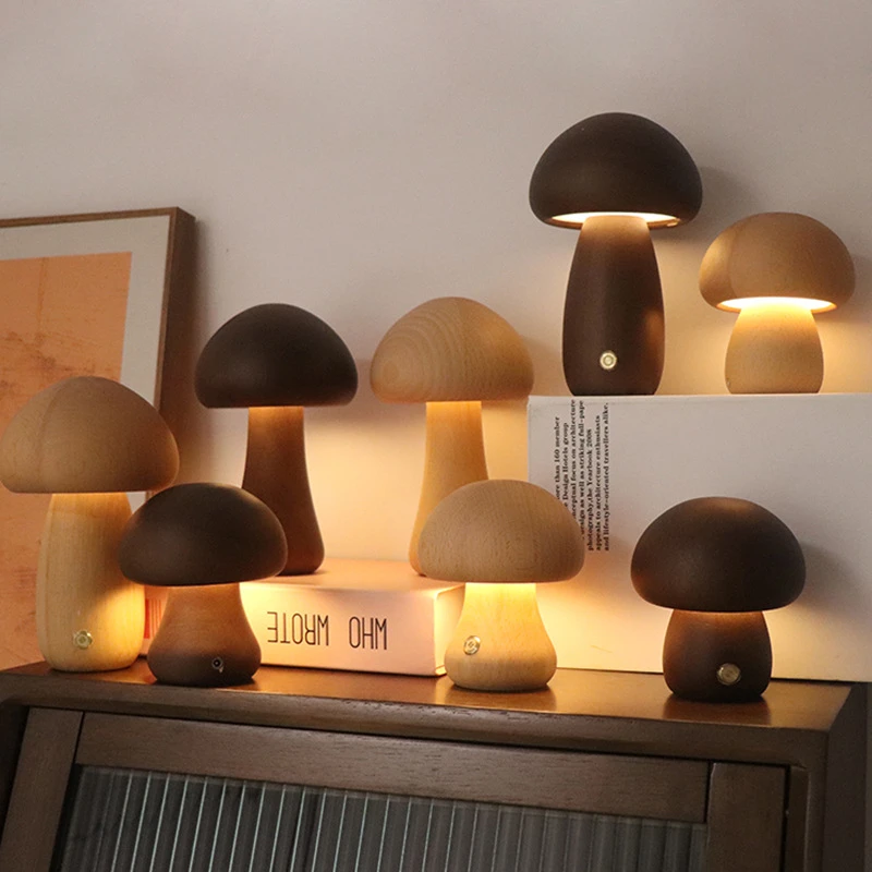 かわいいキノコ LED ナイトライト木製ベッドサイドテーブル - Mushroom Table Lamp のレビューと価格